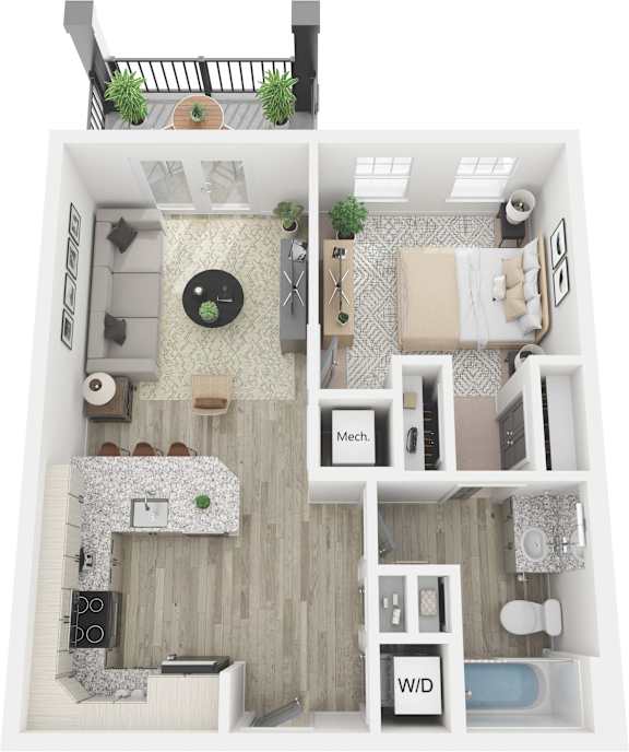 A top down view of a small apartment with a kitchen, living room, and bathroom.