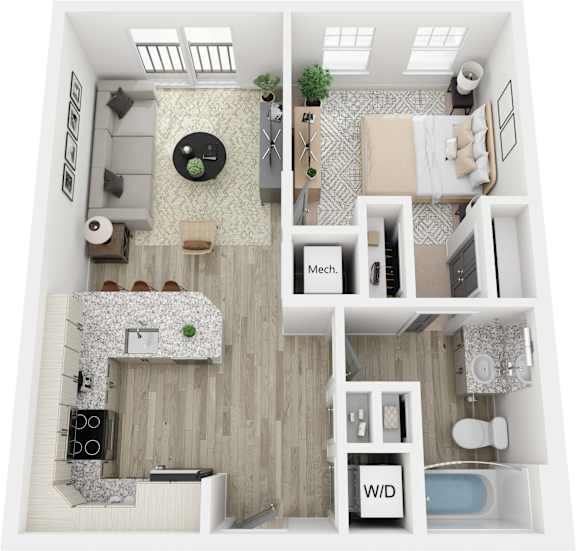 A top-down view of a small apartment with a kitchen, living room, and bathroom.