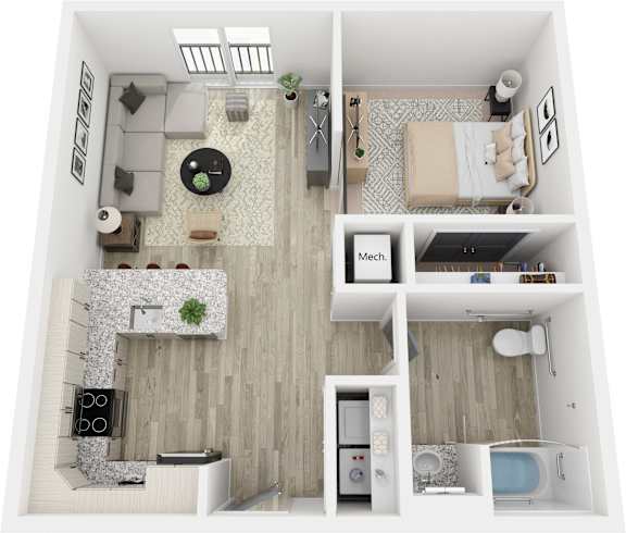 A top down view of a small apartment with a kitchen, living room, and bathroom.