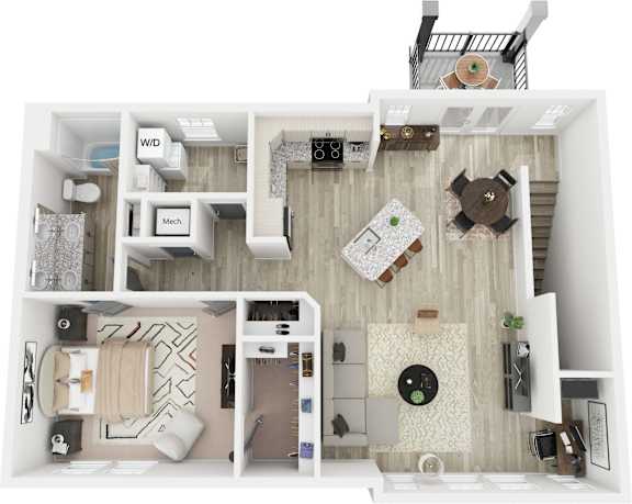 A top-down view of a small apartment with a living room, kitchen, and bathroom.