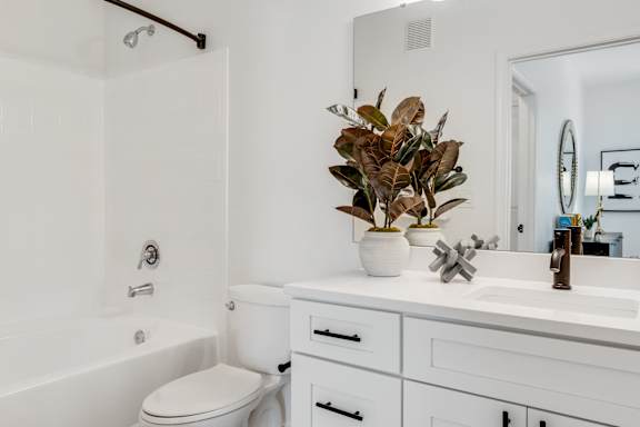 A white bathroom with a toilet, sink, and a plant.