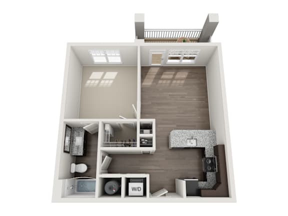 A top-down view of a small apartment with a kitchen, living room, and bathroom.