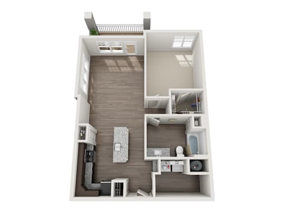A top-down view of a small apartment with a kitchen, living room, and bathroom.