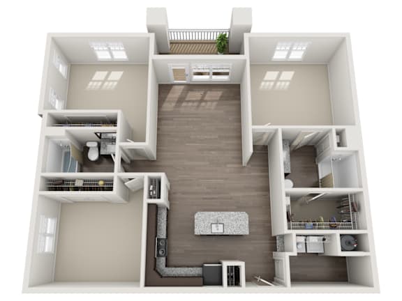 A 3D floor plan of a house with a staircase leading to the upper level.