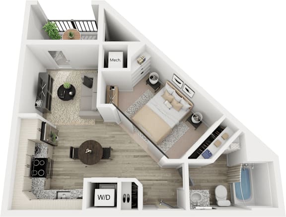 A 3D floor plan of a house with labeled rooms.