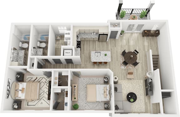 A top down view of a small apartment with a living room, kitchen, and bathroom.