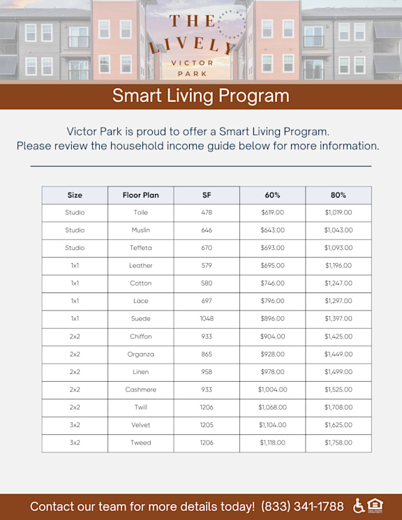 A flyer for a Smart Living Program at Victor Park, featuring a table with various floor plans and prices.