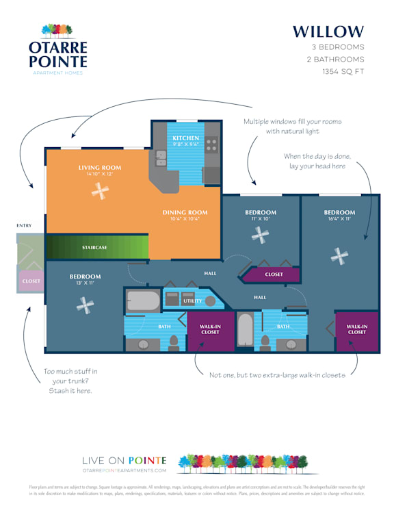 A floor plan of the Willow apartment at Otarte Pointe, showing a living room, dining room, kitchen, and three bedrooms.