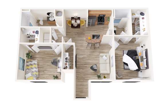 A top down view of a modern apartment with a living room, kitchen, and two bedrooms.