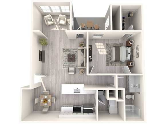 A 3D floor plan of a small apartment with a kitchen, living room, and bedroom.