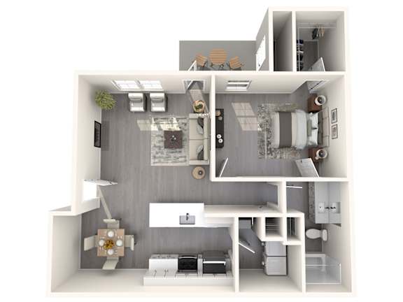 A 3D floor plan of a small apartment with a kitchen, living room, and bedroom.