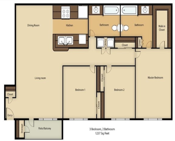 A floor plan of a house with a living room, two bedrooms, a kitchen, a dining room, two bathrooms, and a closet.