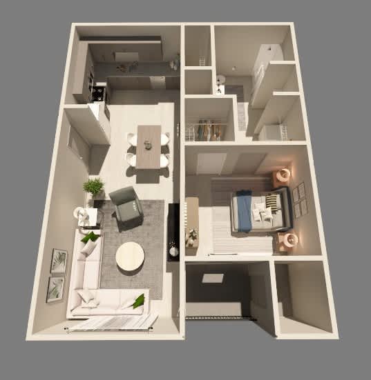 A 3D floor plan of a small apartment with a kitchen, living room, and bedroom.