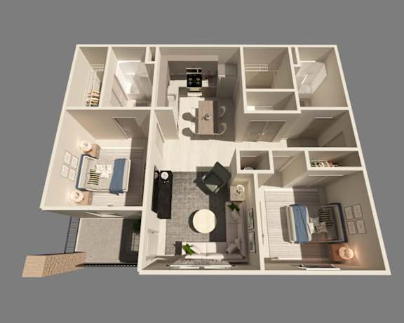 A 3D rendered image of a small apartment layout.