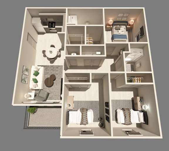A 3D floor plan of a small apartment with a kitchen, living room, and bathroom.