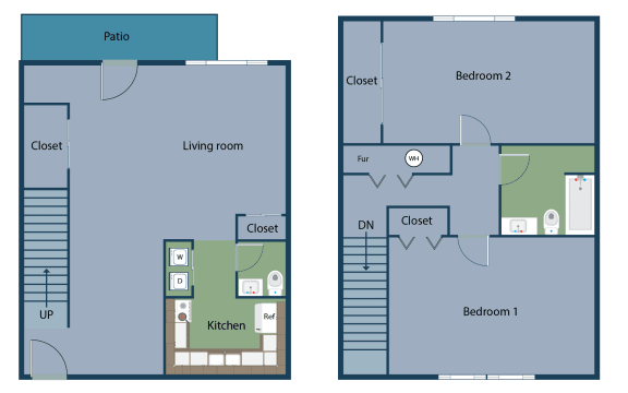 2 Bed 1.5 bath floor plan