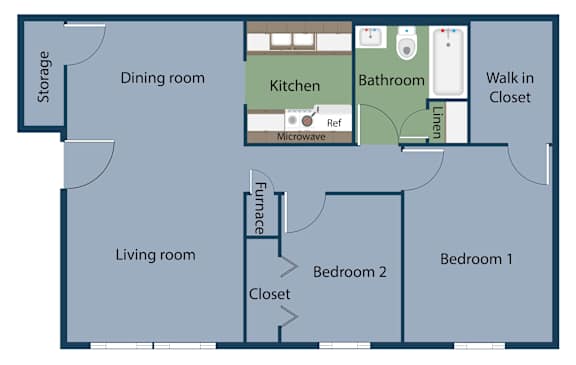 a floor plan of a living room with a kitchen and a closet