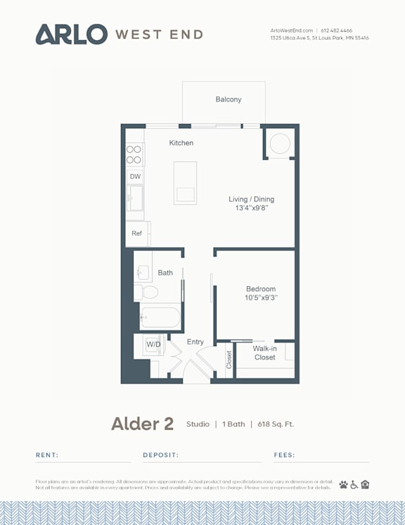 A floor plan for a property by Arlo West End shows a bedroom, bath, living area, kitchen, and dining space.