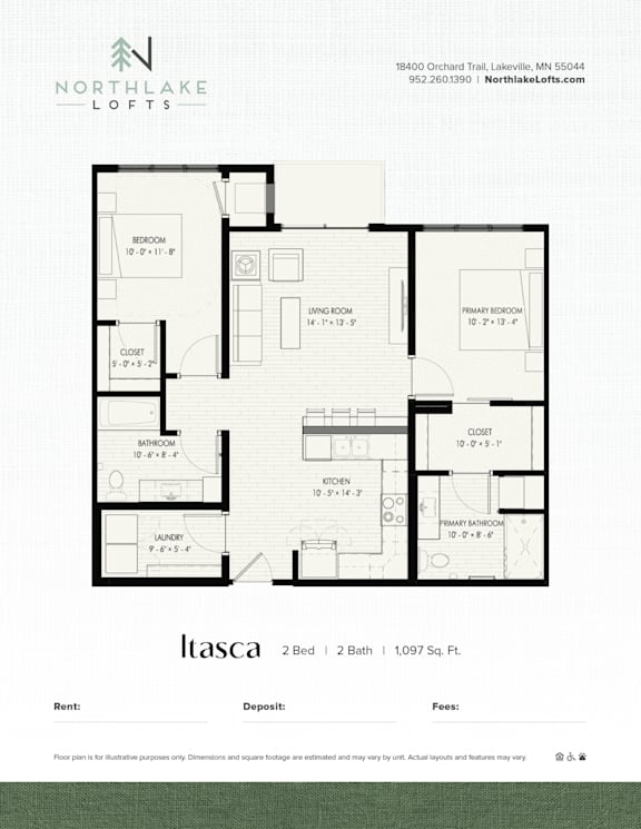 A floor plan for a 2 bedroom, 2 bathroom apartment sized at 1,097 square feet.
