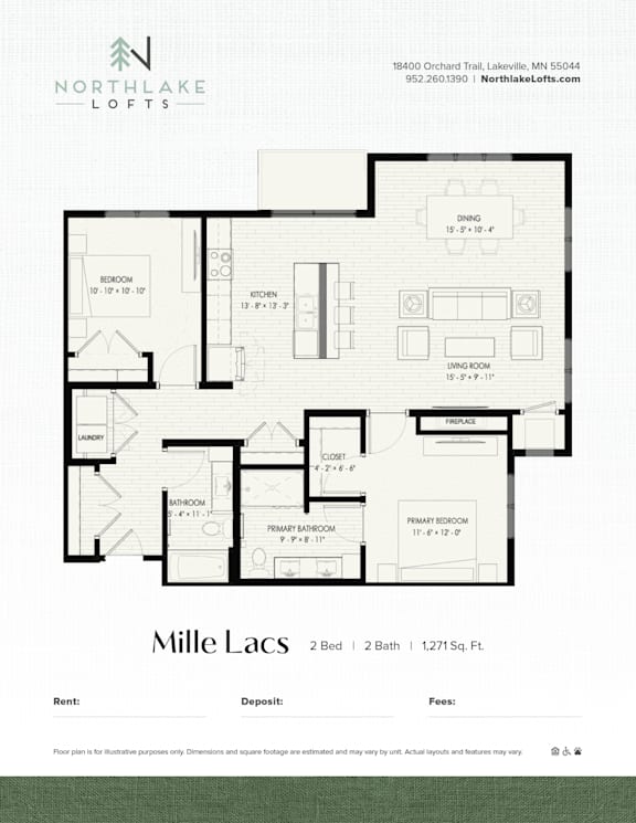 A floor plan for a 2 Bedroom, 2 Bathroom apartment at Northlake Lofts.