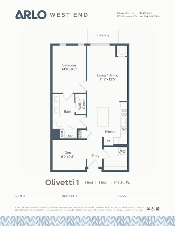 A floor plan for a property by Arlo West End shows a bedroom, living room, and kitchen.