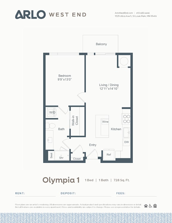 A floor plan for a one bedroom apartment in the Olympia 1 building by Arlo West End.