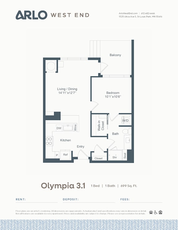 A floor plan for a property by Arlo West End shows a bedroom, bathroom, living/dining area, and kitchen.