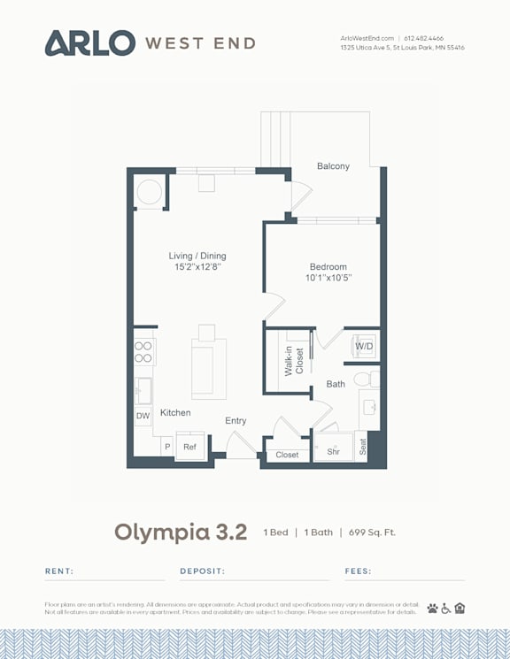 A floor plan for a property by Arlo West End shows a bedroom, bathroom, living/dining area, and kitchen.