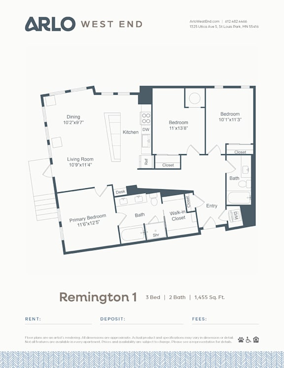 A floor plan for a 3 bedroom apartment with 2 bathrooms and a living room.