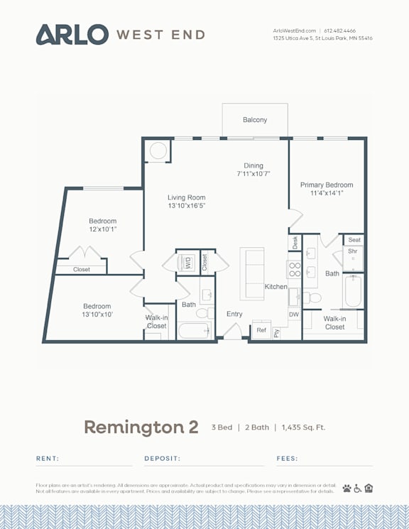 A floor plan for a 3 bedroom, 2 bathroom apartment.