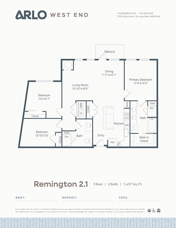 A floor plan for a 3 bedroom, 2 bathroom apartment at ARLO West End.