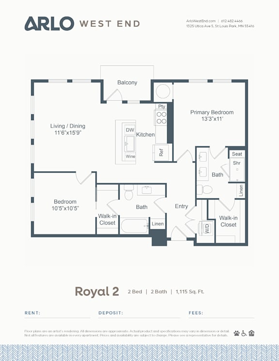 A floor plan for a property by Arlo West End shows a living area, a kitchen, a dining area, a primary bedroom, a secondary bedroom, and a bathroom.