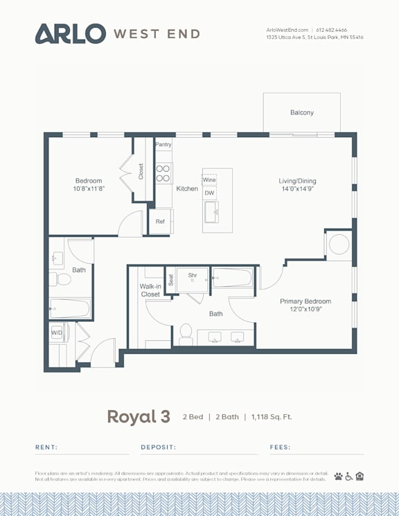 A floor plan for a property by Arlo West End shows a 2 bedroom, 2 bathroom apartment.