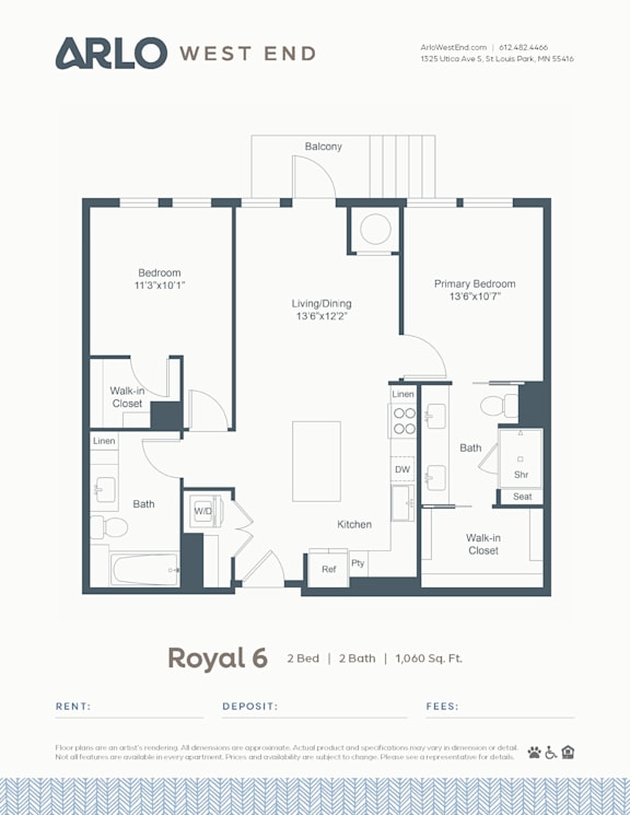 A floor plan for a property named Royal 6 by Arlo West End.