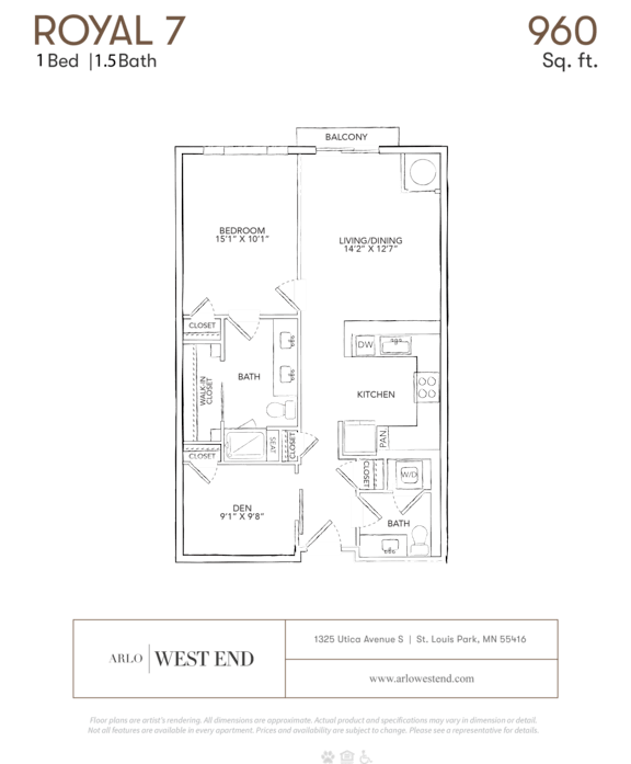 A floor plan for a 1 bedroom, 1.5 bath apartment at West End.