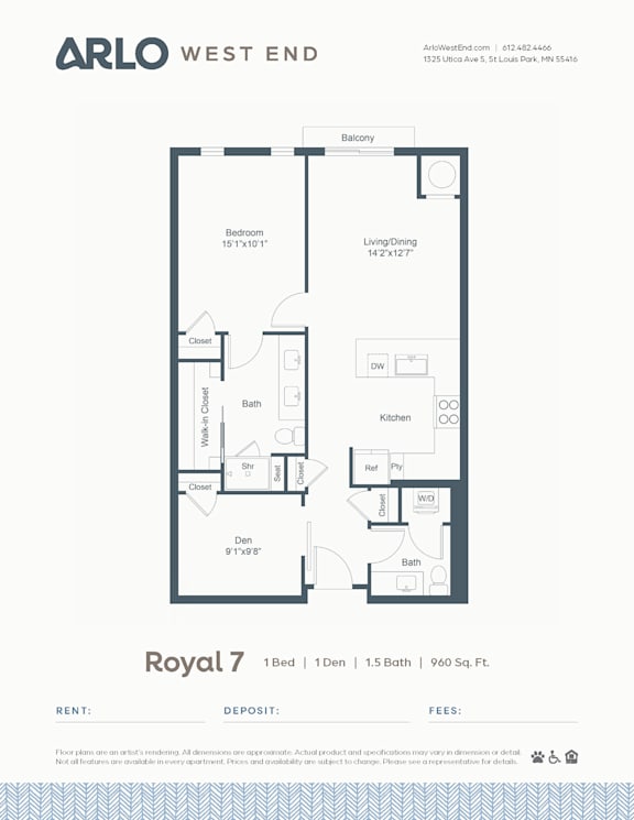 A floor plan for a 1 bedroom apartment at ARLO West End.