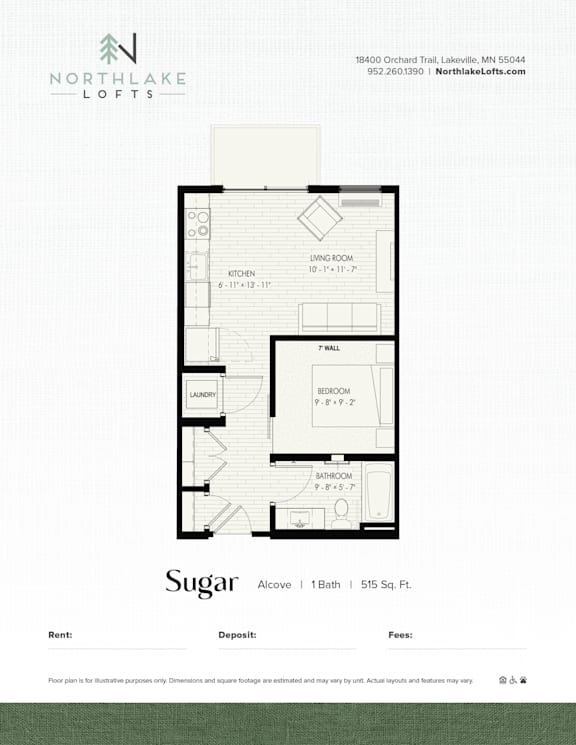 A floor plan for a property named Sugar, which includes a kitchen, living room, bathroom, and laundry room.