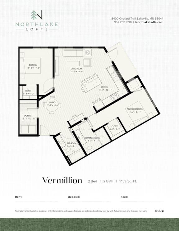 A floor plan for a property named Vermillion with 2 bedrooms and 2 bathrooms.