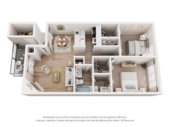 A 3D floor plan of a house with a kitchen, living room, and bathroom.