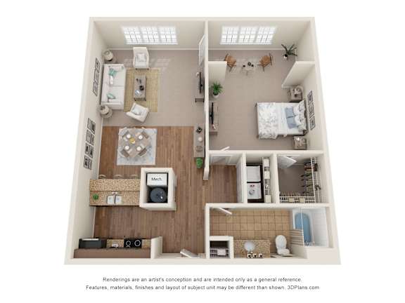 3D Floor Plan of a 1-bedroom apartment with 1 bathroom at 10x Audubon Apartments in Daphne, AL