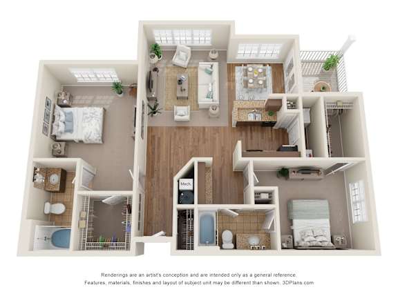 3D Floor Plan of a 2-bedroom apartment with 2 bathrooms at 10x Audubon Apartments in Daphne, AL