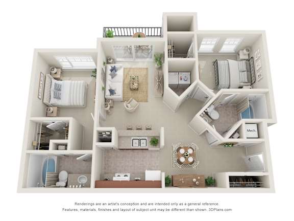 A 3D floor plan of a house with a kitchen, living room, and bathroom.