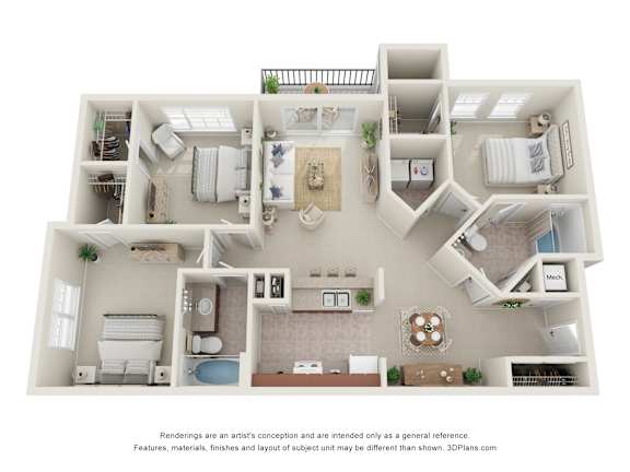 A 3D floor plan of a house with various rooms and furniture.