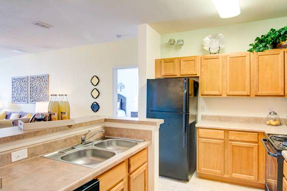 A kitchen with a black refrigerator and wooden cabinets.