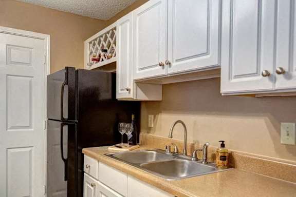 a kitchen with a sink and a refrigerator