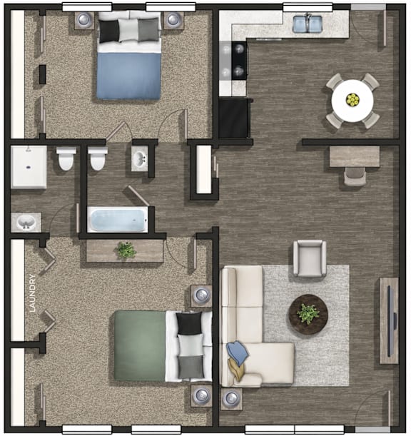 A floor plan of a house with a kitchen, living room, and two bedrooms.