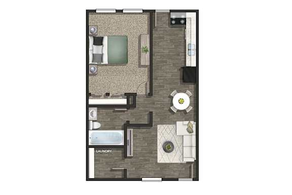 A floor plan of a small apartment with a laundry area.