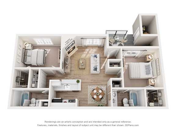 A 3D floor plan of a house with a kitchen, living room, and bedrooms.