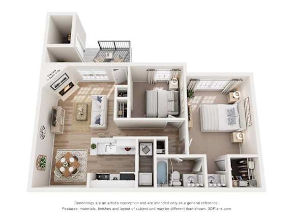 A 3D floor plan of a house with a kitchen, living room, and bathroom.