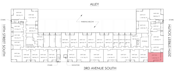 1 bedroom 1 bathroom floor plan H at 20 Midtown, Birmingham, AL